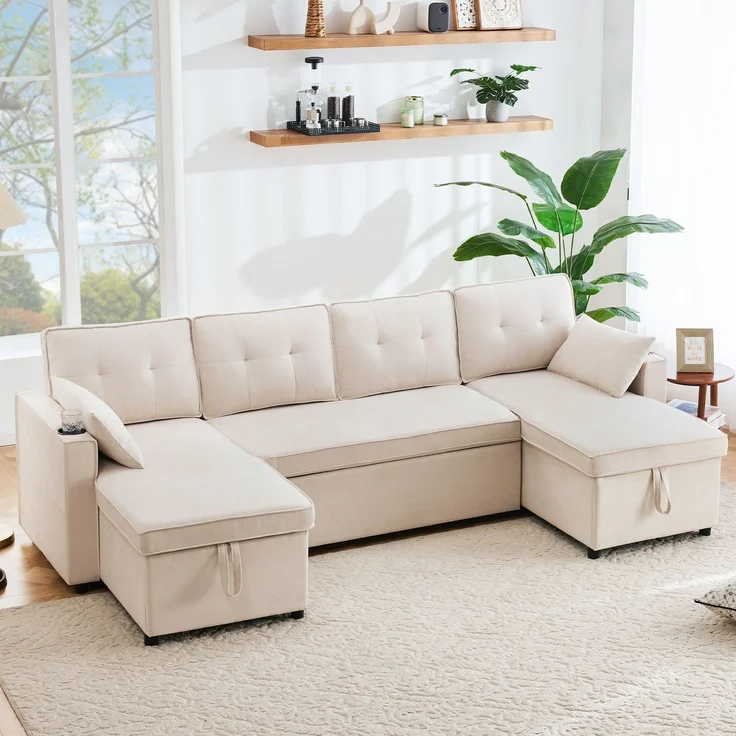 U-förmiges Schlafsofa Baumwoll-Leinen Beige, 270x130x86 cm, mit Stauraum & Getränkehalter – Bild 3