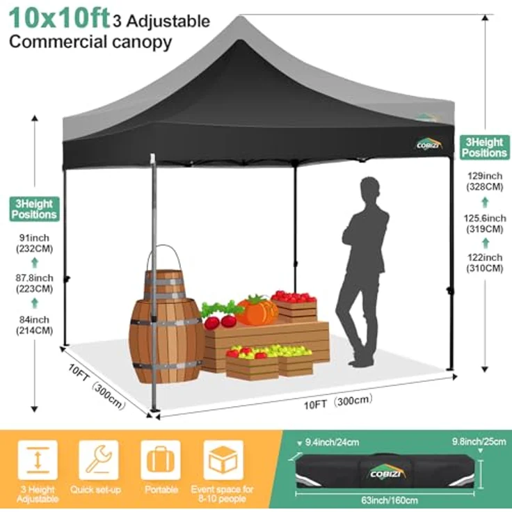 COBIZI pavillon 3x3 wasserdicht stabil Winterfest faltpavillon 3x3,Outdoor faltbar pavillon Party Zelt，gartenpavillon, Schwarz – Bild 6