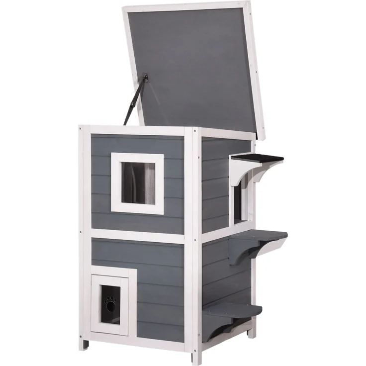 Katzenhaus Katzenvilla isoliert Katzenhütte 2 Etagen Wetterfest, Grau, 0508 EY – Bild 4