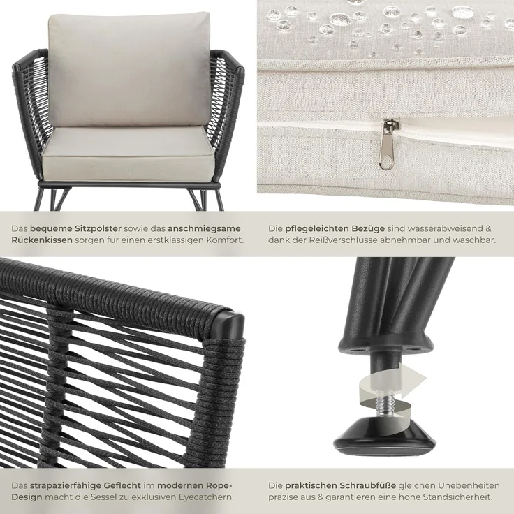 tectake Essgruppe Garten-Loungesessel, (Set, 2-tlg), rundes Polyrattan im Rope-Design – Bild 6