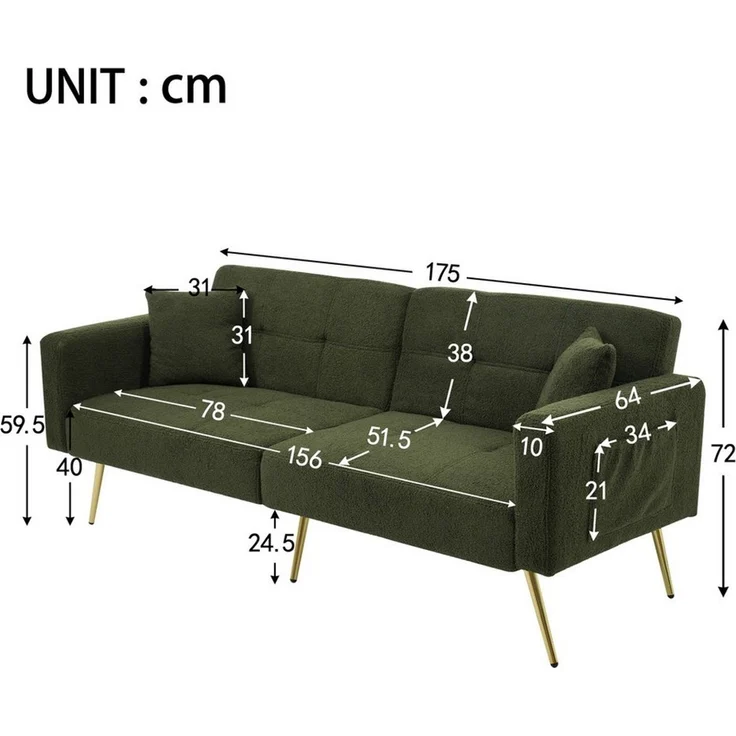 Celya Schlafsofa Schlafsofa mit Bettfunktion, verstellbarem Winkel, goldenen Beinen, mit Kissen und seitlichen Aufbewahrungstaschen – Bild 2