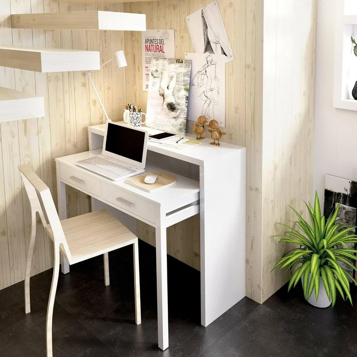 Dmora - Schreibtisch Losetta, Multipositionsschreibtisch mit ausziehbarer Platte, lineare Arbeitskonsole mit 2 Schubladen, 99 x 70 x 88 cm, Weiß – Bild 6