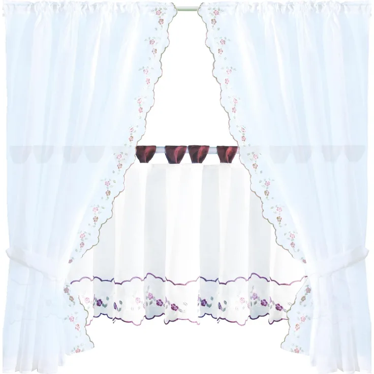Gardinenset Voile mit Stangendurchzug Serie: Satin, Auswahl: weinrot - Blumen bestickt 5-teilig
