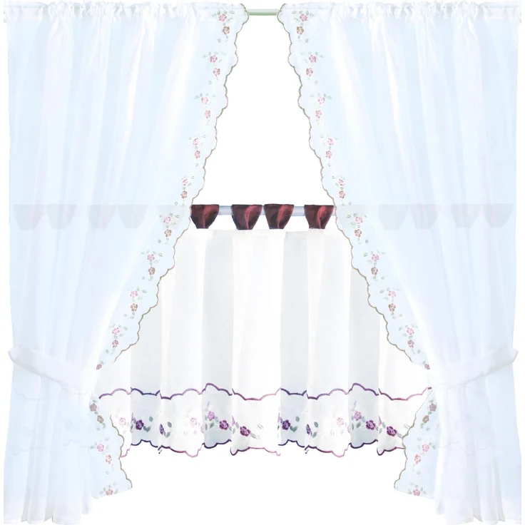 Gardinenset Voile mit Stangendurchzug Serie: Satin, Auswahl: weinrot - Blumen bestickt 5-teilig – Bild 1