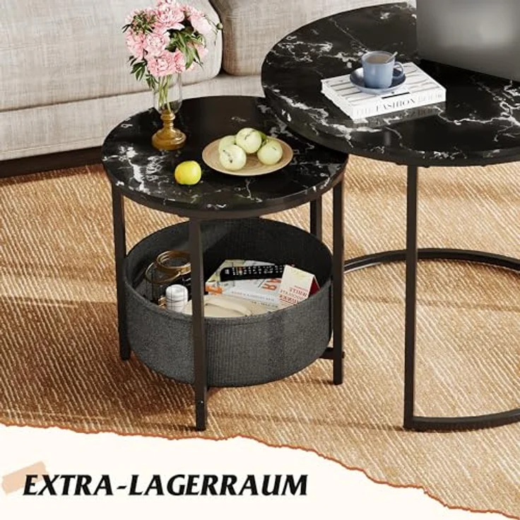 WLIVE Couchtisch 2er Set, Beistelltisch Rund mit Stauraum, Wohnzimmertisch Holz mit Metallrahmen, Sofatisch für Wohnzimmer Schlafzimmer, (Marmor Schwarz, 60 cm und 40 cm Durchmesser) – Bild 8
