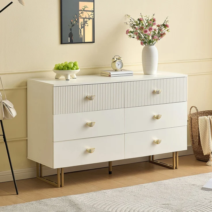 Sideboard Weiß MDF 120 x 40 x 75 cm mit 6 Schubladen, modern, Metallbeine, Aufbewahrungsschrank Wohnzimmer – Bild 2