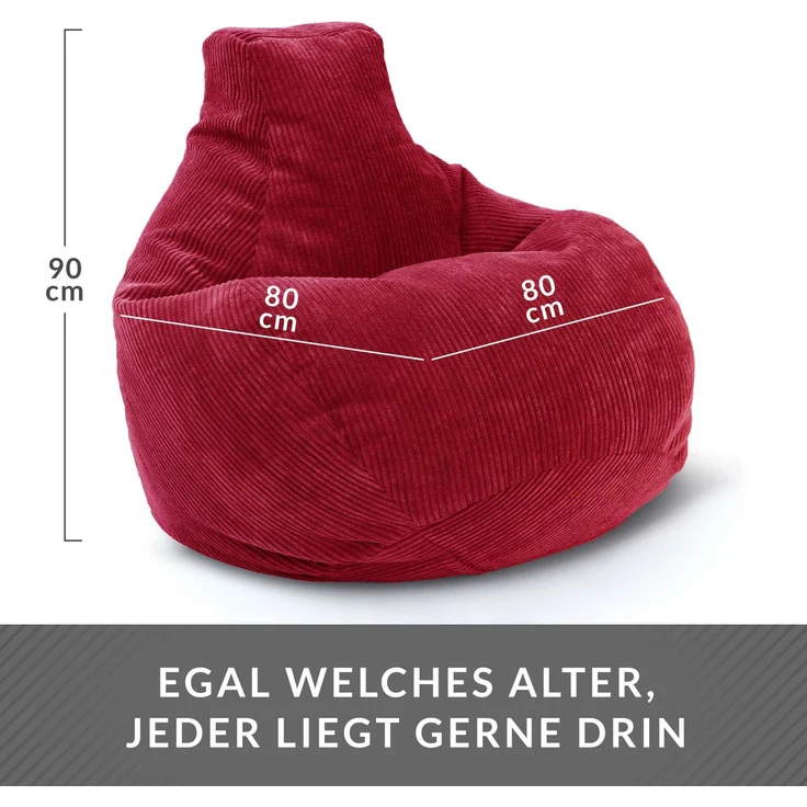 Green Bean® Sitzsack mit Rückenlehne 80x80x90cm - Gaming Chair mit 230L Füllung Cordstoff - Bean Bag Bodenkissen Lounge Sitzhocker Relax-Sessel Gamer Gamingstuhl Rot – Bild 4