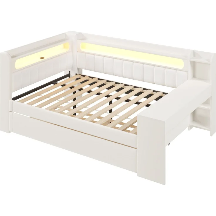 Stauraumbett mit gepolstertem Kopfteil, Schreibtisch und LED-Beleuchtung (140x200cm, Lattenrost, Regal, Gästebett, USB und Type-C), Doppelbett – Bild 7