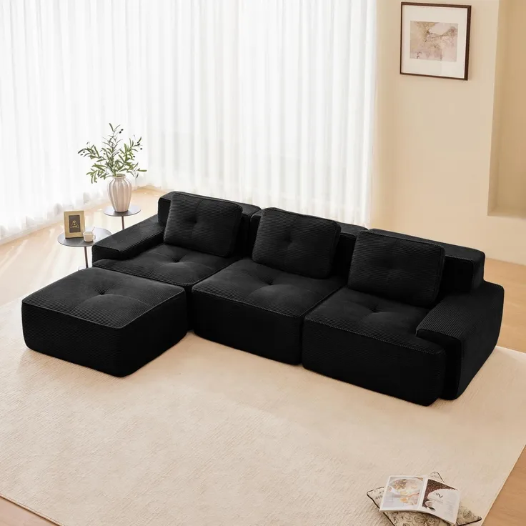 Sofa Ecksofa modular montagefrei Schwarz 3-Sitzer-Sofa + 1 Hockern