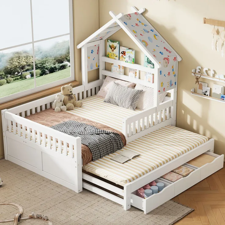 Holzplattformbett, hausförmig, 140 x 200 cm, mit Ausziehbett, 3 Schubladen und Sicherheitsgittern, weiß.--Weiß--205x145x190cm--YOUDENOVA