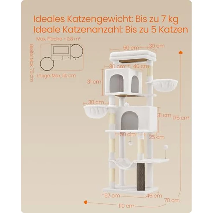 Feandrea Kratzbaum, 175 cm hoch, XL, mehrstöckiger Katzenbaum mit 2 Höhlen, 2 Liegemulden, 5 Kratzsäulen, Katzenbürste, große Plattform, cremeweiß PCT182W02 – Bild 7