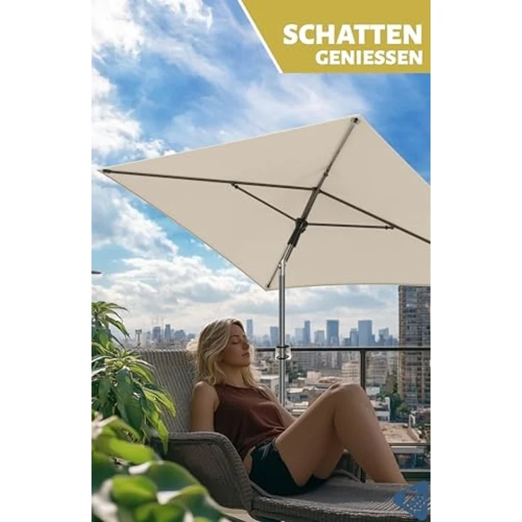Menz Sonnenschirm Balkon - 3-IN-1 Sonnenschutz Balkon SET in Beige, UPF 50+ Sonnenschirm rechteckig 200x125 cm + Metall Sonnenschirmhalter Balkongeländer + Sonnenschirmhülle – Bild 3