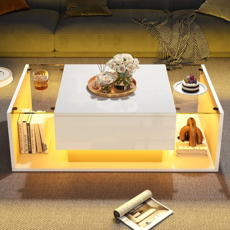 Quadratischer Couchtisch 100 x 50 x 31 cm, Hochglanz Weiß,gehärtetes Glas, 1 Schublade, halboffener Stauraum,mit LED-Lichtleiste – Bild 6