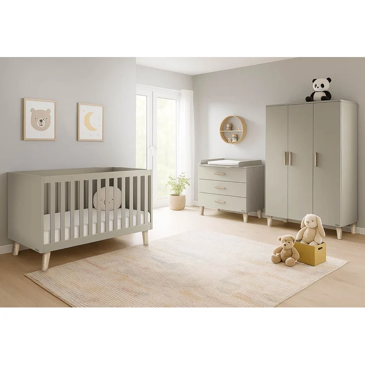 Pinolino 'Tami' Kinderzimmer-Set, breit groß, 3-tlg., Gitterbett, Wickelkommode, Schrank, Holz Beige – Bild 1