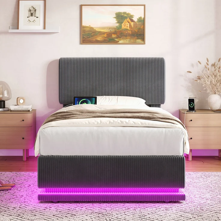Polsterbett, Cord-Samt mit LED & USB-Anschluss, Stauraum, 91x207x102/107/112 cm, Dunkelgrau, ohne Matratze – Bild 2