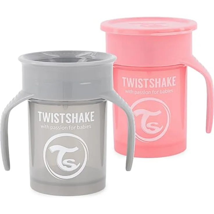 Twistshake 2x Auslaufsicherer Baby 360 Trinkbecher mit Silikondichtung - 230ml | Trainingsbecher für Kinder | Trinkflasche | BPA-Frei | Rosa Grau