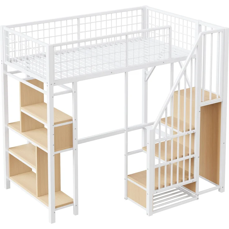 Bett 90x200 cm Hochbett mit Stauraumtreppe – platzsparendes Weißes Metall-Holz-Design – Bild 7