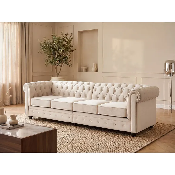 Vente-unique - CHESTERFIELD Sofa StoffSamt Beige - B 87 cm x H 72 cm x L 256 cm