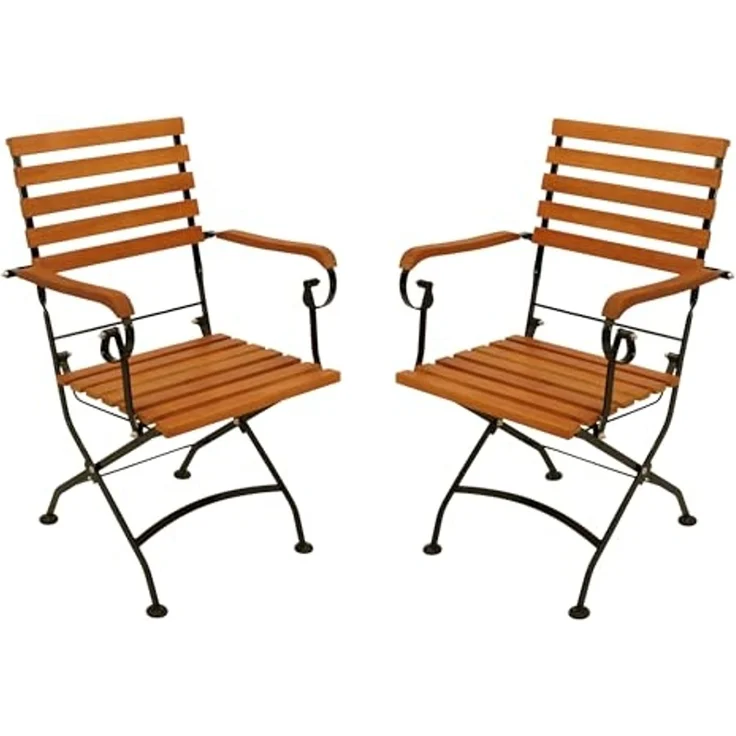 DEGAMO HOFGARTEN Klappsessel mit Armlehnen, Stahl + Eukalyptus, schwarz/braun, 56cm 2-er Set – Bild 1
