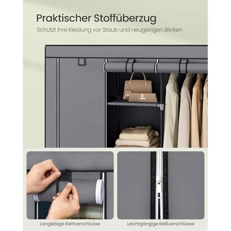 Songmics Kleiderschrank, Garderobe, Kleiderständer mit Vliesstoffbezug, Hängestangen, Ablagen, 45 x 130 x 167 cm, große Kapazität, für Schlafzimmer, Wohnzimmer, Taubengrau RYG096G01, Grau – Bild 6