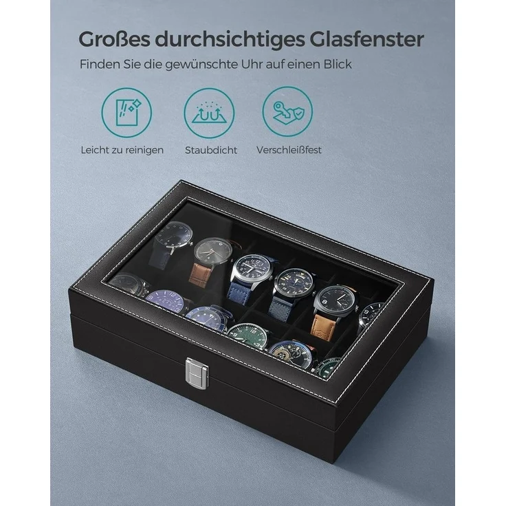 Uhrenbox mit 12 Fächern, Glasdeckel & herausnehmbaren Uhrenkissen, Holz schwarz, 8,5 x 30 x 21 cm – Bild 3