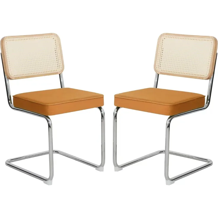 LVHOM Freischwinger 2er Set Esszimmerstuhl, Retro Küchenstuhl mit Chromgestell & Rattan-Rückenlehne, gepolsterter Samtsitz, stapelbar, moderne Wohnzimmerstuhl, Orange