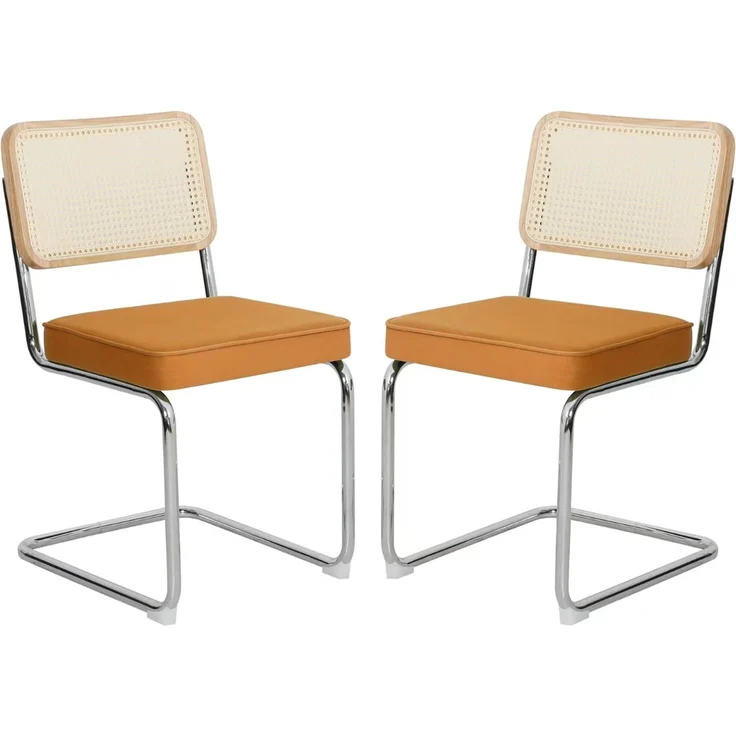 LVHOM Freischwinger 2er Set Esszimmerstuhl, Retro Küchenstuhl mit Chromgestell & Rattan-Rückenlehne, gepolsterter Samtsitz, stapelbar, moderne Wohnzimmerstuhl, Orange – Bild 1
