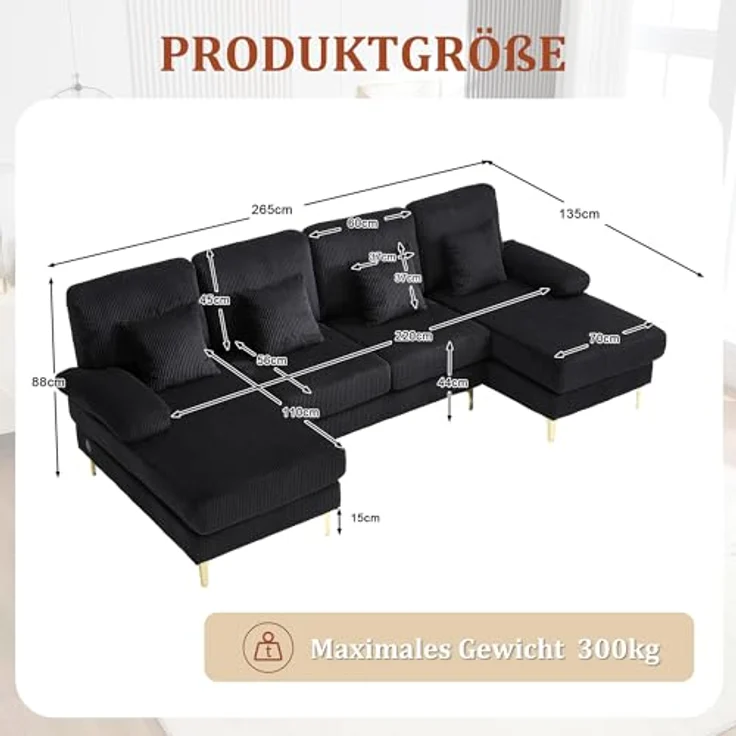 Ball & Cast U-förmiges Couch mit Schlaffunktion, Samt Sofa mit Lichtleiste und USB-Anschlüssen für das Wohnzimmer Wohnung Villa, 265 x 88 x 135 (BxHxT), Schwarz – Bild 2