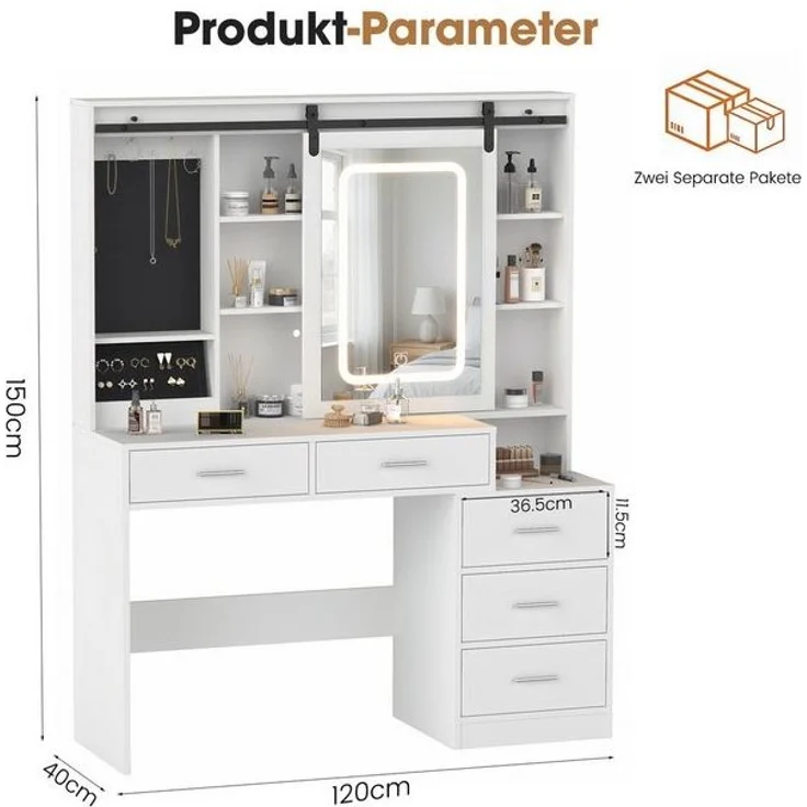 oyajia Schminktisch mit LED-Beleuchtung, Schiebespiegel (mit 5 Schubladen), 120*40*150cm Moderner,minimalistischer Stil Reichlich Stauraum Stabile – Bild 4