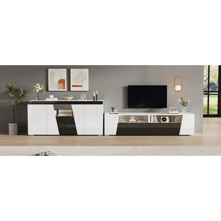 ZUBALIYA Wohnzimmerset 180x38,5x45 cm, mit LED-Beleuchtung, Hochglanz, aus Spanplatte, Weiß – Bild 14