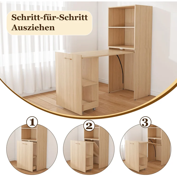 Ausziehbarer Schreibtisch mit Stauraumschrank & Kippsicherung, platzsparender Klappschreibtisch mit verstellbaren Ablagen & ausziehbarer Tischplatte für Schlafzimmer & Arbeitszimmer, Helle Eiche natur--Naturholz--76x55x136cm--YOUDENOVA – Bild 7