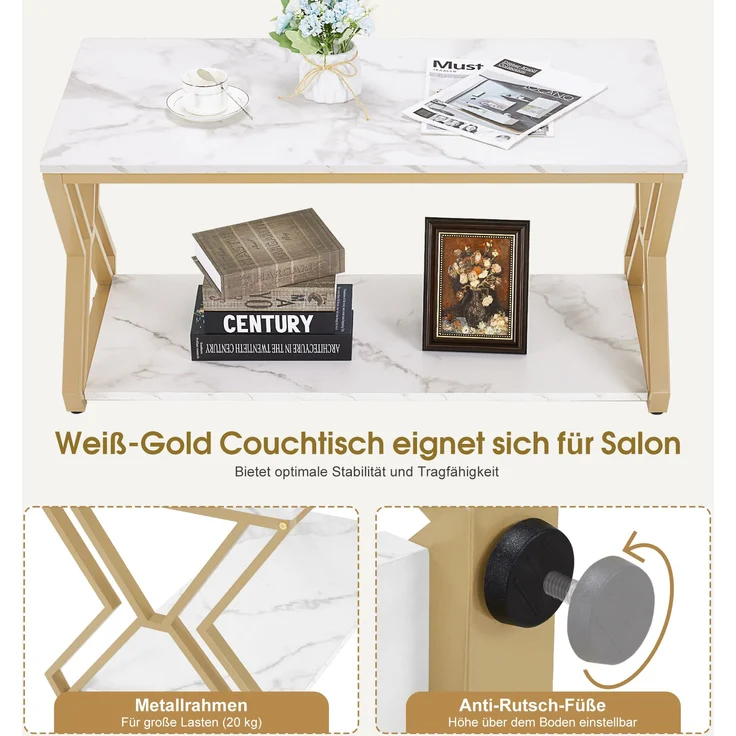 BarberPub Couchtisch Gold, Beistelltisch mit 2 Ablagen, Sofatisch aus Holz, Moderner Wohnzimmertisch Metall, Kaffeetisch für Wohnzimmer, Schönheitssalon, 2196 – Bild 3