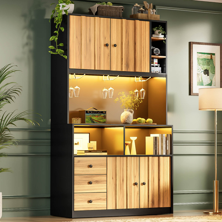 180 cm Küchenschrank, Hochschrank mit LED, Küchenregal mit Steckdose, Weinregal und Vitrine für Küche & Esszimmer--Schwarz + Natur--100x40x180cm--YOUDENOVA – Bild 2