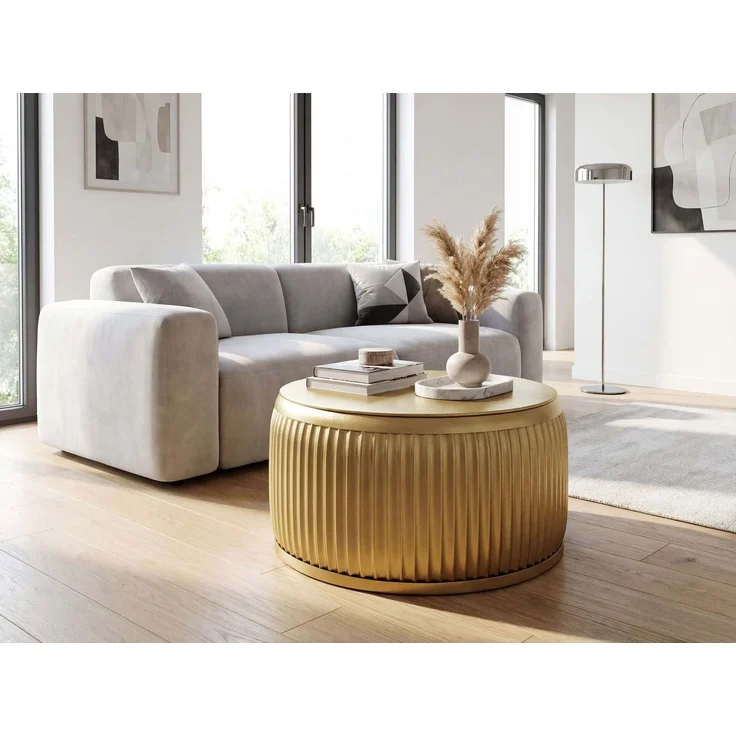 Couchtisch Metall Rund 60cm Gold mit abnehmbarer Tischplatte - Design Wohnzimmertisch mit Stauraum - Extravaganter Loungetisch Metall - Moderner Sofatisch - Beistelltisch Handmade – Bild 3