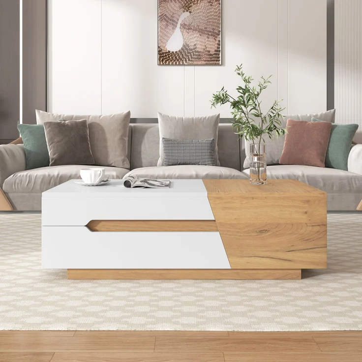 Couchtisch verschiebbar mit Stauraum 120x50 cm MDF Modern Wohnzimmer Tisch Weiß+Holzfarbe – Bild 5