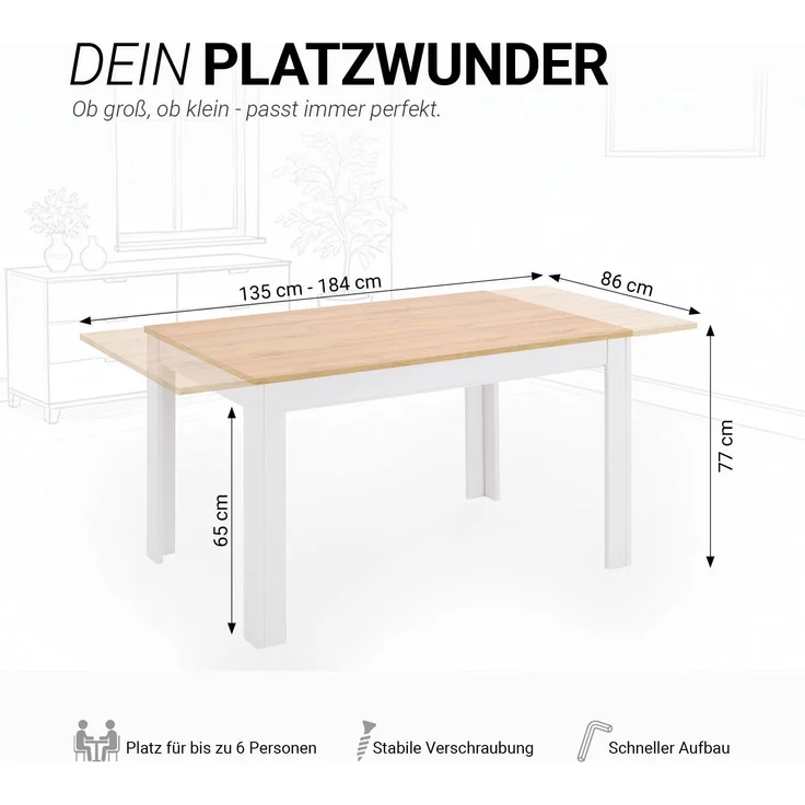 Esstisch ausziehbar 135x86 cm Wohnzimmertisch Weiß Holz Eiche Küchentisch Esszimmertisch Holztisch Tisch – Bild 3