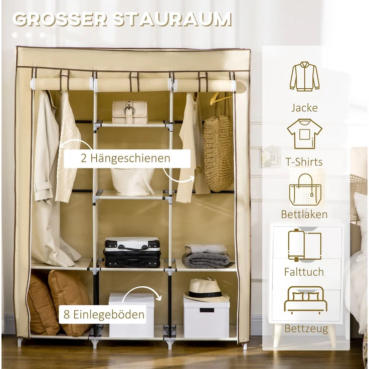 CHICFURN Kleiderschrank 125x162,5x43 cm mit 2 Kleiderstangen und 8 Einlegeböden – Beige – Bild 4