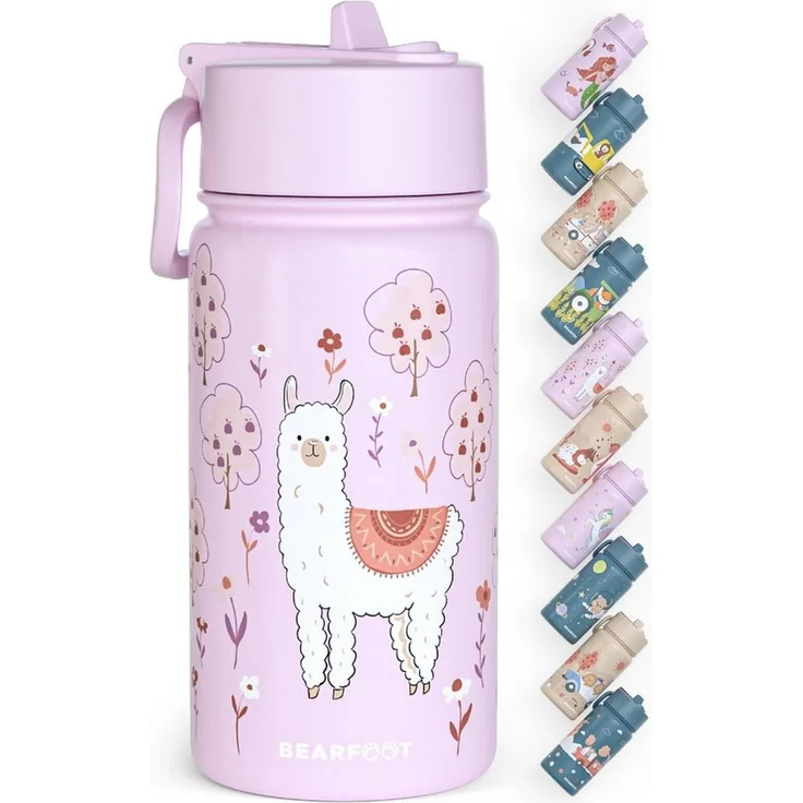 BEARFOOT Trinkflasche Thermo Kinder Trinkflasche Edelstahl - Lama lila, Thermosflasche, auslaufsicher, Edelstahl, Kinderflasche, BPA-frei