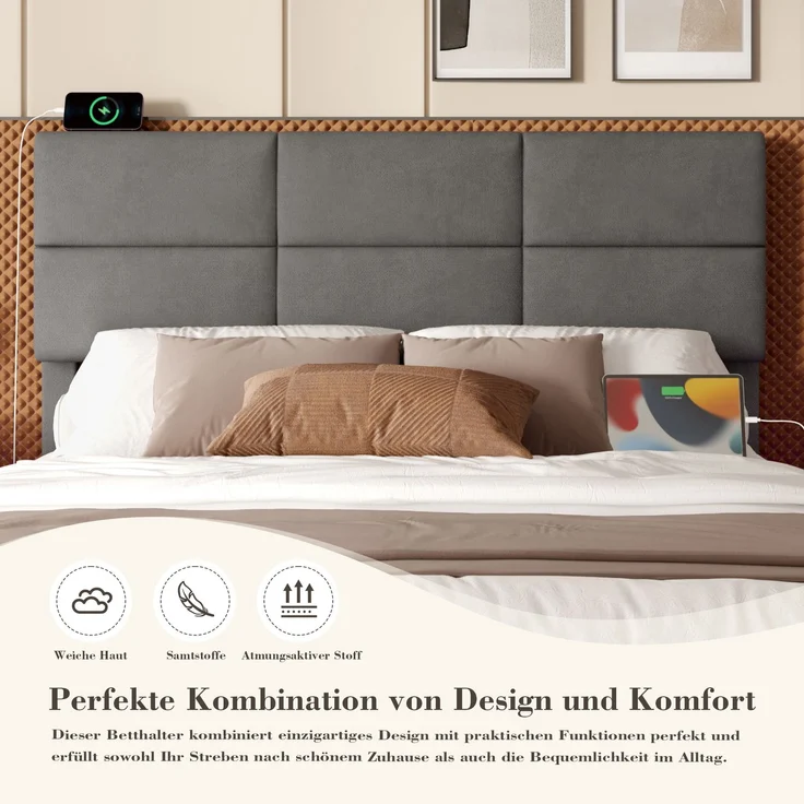TavilaEcon Boxspringbett Modernes Polsterbett mit höhenverstellbarem Kopfteil & LED-Beleuchtung grau Liegefläche 140 × 200 cm – Bild 4