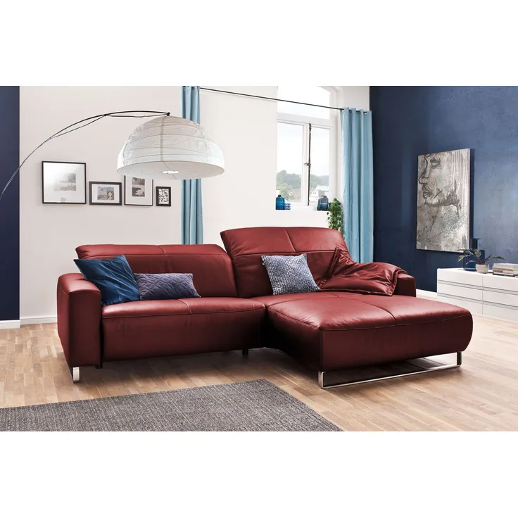 KAWOLA Sofa YORK Leder Life-line cherry Recamiere rechts Fuß Metall Chrom matt 85 x 180 x 284 cm