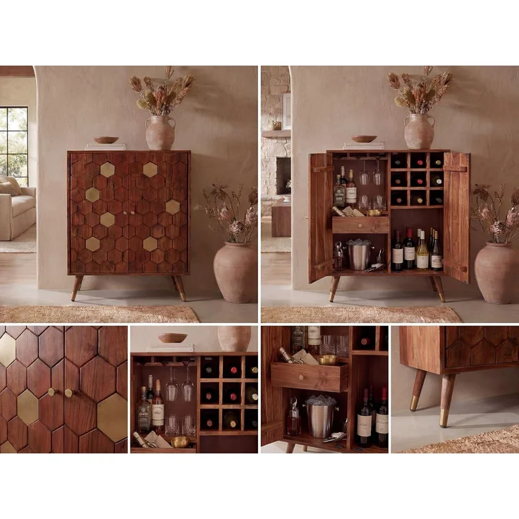 Barschrank Akazie Massivholz 75x96cm Bar Möbel mit Waben Muster - Design Hausbar mit Türen - Weinschrank mit Glashalter - Getränkeschrank - Holz Bar Wohnzimmer Handmade – Bild 6