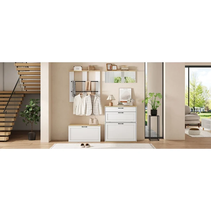 Garderoben-Set, Schrank, Schublade, Spiegel,Multifunktionale Garderobe,Schuhschrank mit Schuhbank, Kann frei kombiniert werden,Geeignet für Eingangsbereich, Wohnzimmer,Weiß + Holzton,156x36x176cm--Weiß+Natur--156x36x176cm--YOUDENOVA – Bild 10