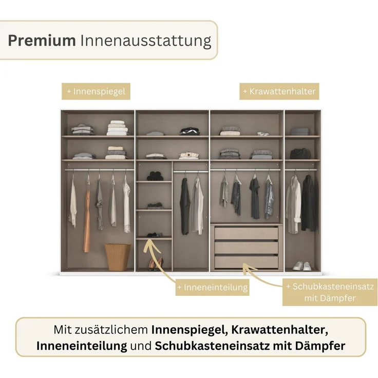 rauch Drehtürenschrank Kleiderschrank Schrank Garderobe Wäscheschrank BESTSELLER MONTCLAR (3 Ausstattungen BASIC/CLASSIC/PREMIUM (SOFT-CLOSE), Breiten 201-400 cm) Front in Glas/Hochglanz/Dekor/Grauspiegel in 5 Breiten MADE IN GERMANY – Bild 3