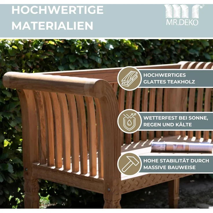 MR. DEKO Gartenbank Newport – Teakholz Bank 120 cm, geschnitzt, mediterran (2-Sitzer Bank, zerlegt geliefert, ideal für Terrasse, 1-St), Massive Sitzbank Garten und Balkon, 250 kg belastbar – Bild 6