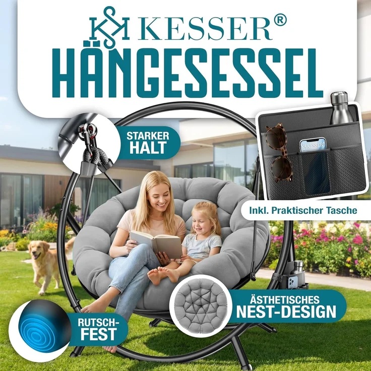 KESSER® Hängesessel mit Gestell BALI Hängeschaukel Hängestuhl bis 150kg für Indoor und Outdoor + Kissen & Seitentasche Hängekorb Stahlgestell & Schaumstoff Sitzpolster ideal für Wohnzimmer & Garten Grau – Bild 2