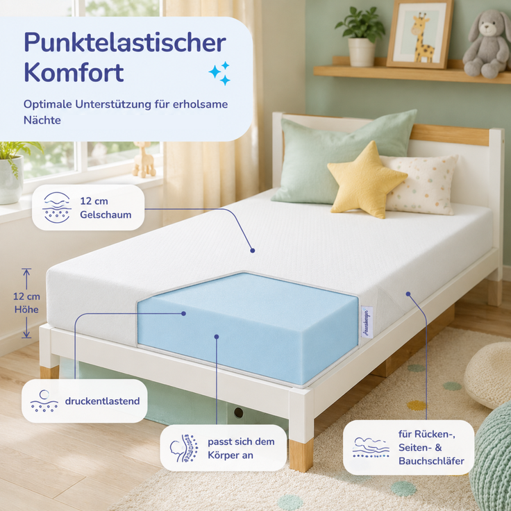 Arensberger Kindermatratze Babymatratze NORA | 70x140cm | Bezug waschbar & abnehmbar | punktelastischer Gelschaum | Jugendmatratze, allergikerfreundlich premium Bezug – Bild 2