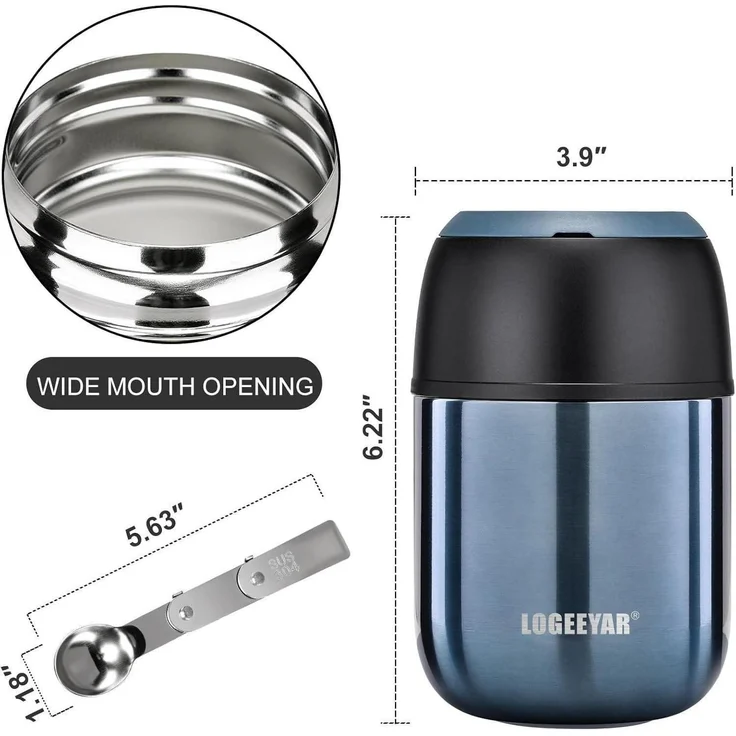 Thermobehälter 500ml Edelstahl Lunchbox Faltlöffel Blau – Bild 3