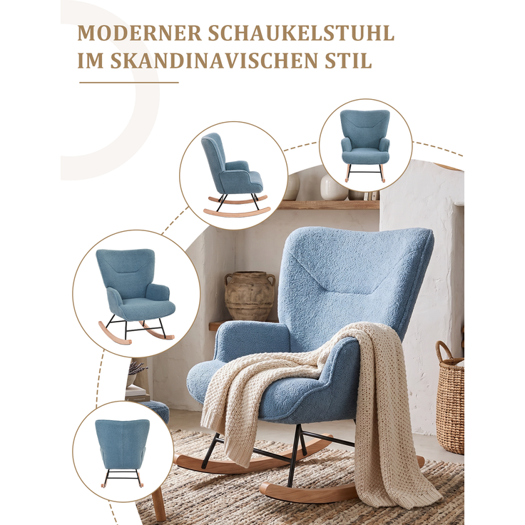 GOEURVANT 5006 Schaukelstuhl mit Hocker (Relaxsessel, Ohrensessel), Teddy-Stoff - Taubenblau – Bild 7