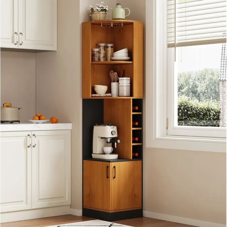 Eck-Weinschrank aus MDF mit Weinglasregal und 4 Weinfächern, 40x40x182 cm, Natur