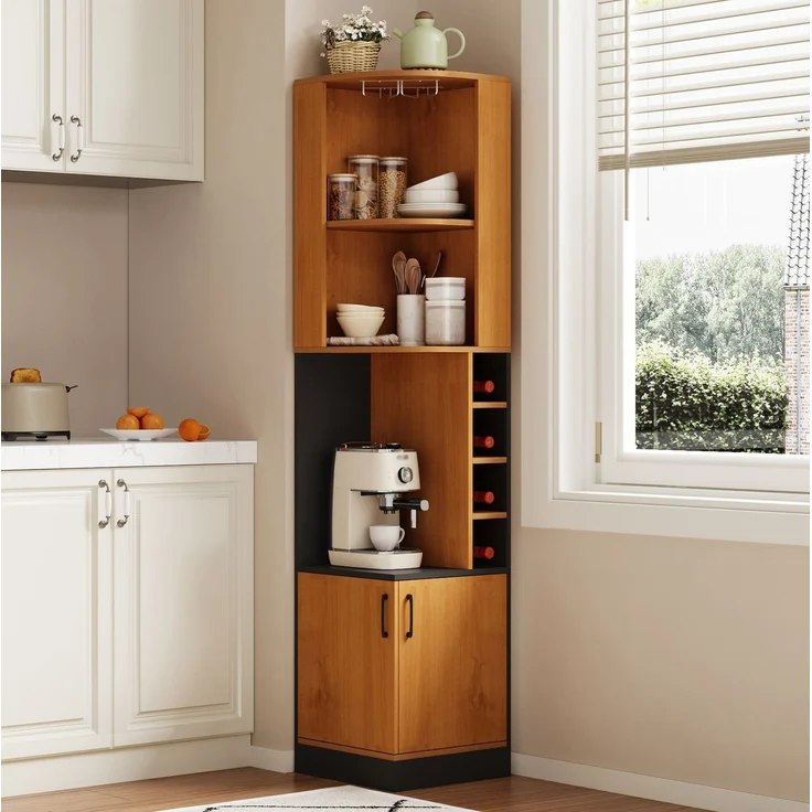 Eck-Weinschrank aus MDF mit Weinglasregal und 4 Weinfächern, 40x40x182 cm, Natur – Bild 1